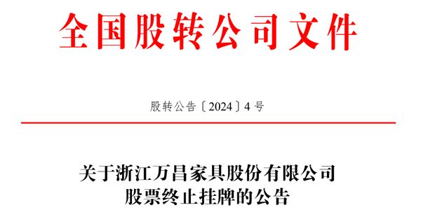 高级家具挂牌新三板近6年万昌家具2024博业体育app首个退市股(图1)